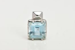 A TOPAZ PENDANT, the square cut blue topaz within an eight claw setting to the square mount and
