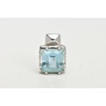 A TOPAZ PENDANT, the square cut blue topaz within an eight claw setting to the square mount and