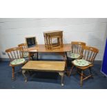 A MODERN TABLE, width 126cm x depth 71cm x height 73cm, a set of four pine chairs, a walnut coffee