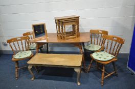 A MODERN TABLE, width 126cm x depth 71cm x height 73cm, a set of four pine chairs, a walnut coffee