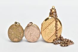 THREE GOLD PLATED LOCKETS AND A CHAIN, to include a large oval locket with a floral and checker