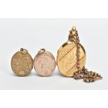 THREE GOLD PLATED LOCKETS AND A CHAIN, to include a large oval locket with a floral and checker