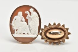 A 9CT GOLD VICTORIAN BROOCH AND A CAMEO BROOCH, the oval cameo carved to depict a seated male god