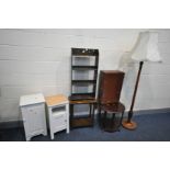 A SELECTION OF OCCASIONAL FURNITURE, to include an oak open bookcase, two painted pot cupboards,