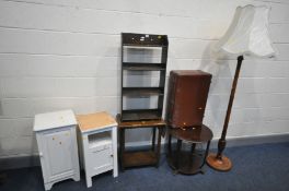 A SELECTION OF OCCASIONAL FURNITURE, to include an oak open bookcase, two painted pot cupboards,