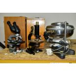 TWO CASED MICROSCOPES, AN UNBOXED MICROSCOPE AND A CENTRIFUGE, comprising a W Watson & Sons