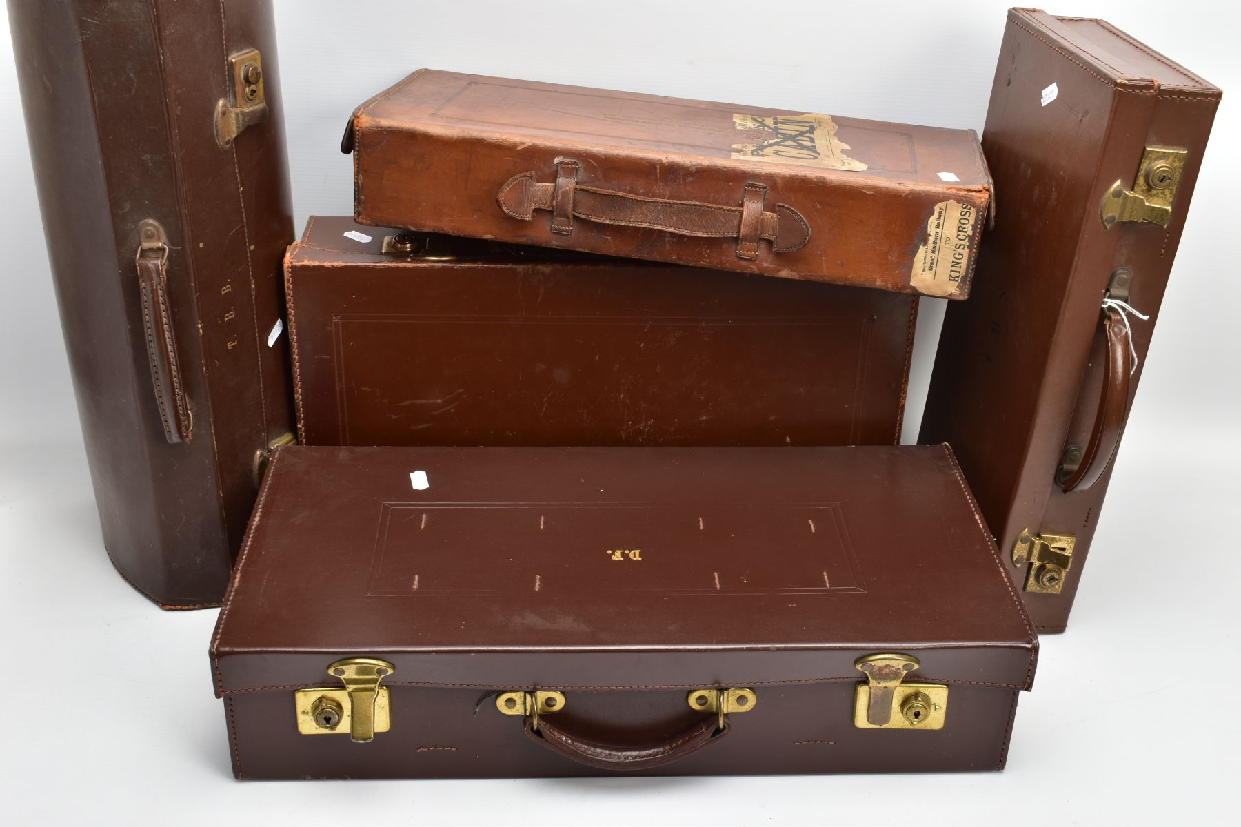 FIVE BROWN LEATHER MASONIC BRIEFCASES, five empty cases with three pairs of white gloves, four - Image 6 of 6