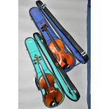 TWO STUDENT VIOLINS, BODY LENGTH APPROXIMATELY 35CM, one is a Chinese example with a Lark brand