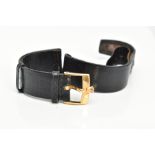 AN ORIGINAL BLACK 'ROLEX' WATCH STRAP, fitted with a yellow metal 'Rolex' motif ardillon buckle,