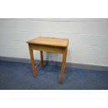 A MID CENTURY BEECH SINGLE SCHOOL DESK with ink well (no lid to well) width 61cm x depth 46cm x