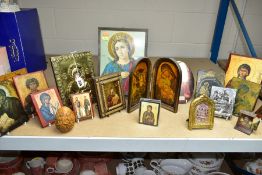 A GROUP OF TWENTY RELIGIOUS ICONS, SYMBOLS AND PICTURES, all appear to be Greek Orthodox pieces,