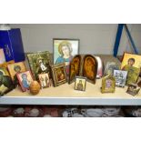 A GROUP OF TWENTY RELIGIOUS ICONS, SYMBOLS AND PICTURES, all appear to be Greek Orthodox pieces,