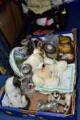 A BOX AND LOOSE CERAMICS, GLASS, METALWARES, SEWING MACHINE AND SUNDRY ITEMS, to include a Steiff