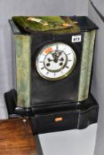 A LATE VICTORIAN BLACK SLATE AND GREEN MARBLE MANTEL CLOCK, white enamel dial with Roman numerals,