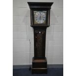A GEORGIAN CARVED OAK 30 HOUR LONGCASE CLOCK, the hood enclosing a 9 1/2 inch brass and silvered