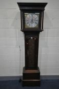 A GEORGIAN CARVED OAK 30 HOUR LONGCASE CLOCK, the hood enclosing a 9 1/2 inch brass and silvered