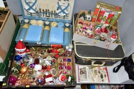 TWO BOXES OF VINTAGE CHRISTMAS DECORATIONS, A BREXTON PICNIC HAMPER, EARLY 20TH CENTURY CHRISTMAS