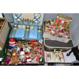 TWO BOXES OF VINTAGE CHRISTMAS DECORATIONS, A BREXTON PICNIC HAMPER, EARLY 20TH CENTURY CHRISTMAS