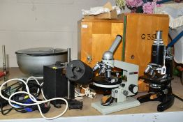 TWO CASED MICROSCOPES, A CENTRIFUGE AND A MICROSCOPE ILLUMINATION UNIT WITH PARTS, comprising a