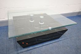 A DFS SPARTA SQUARE COFFEE TABLE, with a glass top and marbleized base, 95cm squared x height 37cm