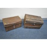 TWO VINTAGE TIN TRUNKS, one with grain painted finish width 65cm x depth 42cm x height 44cm (hinge
