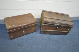 TWO VINTAGE TIN TRUNKS, one with grain painted finish width 65cm x depth 42cm x height 44cm (hinge