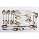 A SELECTION OF SILVER CUTLERY, to include seven old English pattern Georgian teaspoons, a set of