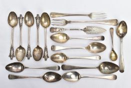 A SELECTION OF SILVER CUTLERY, to include seven old English pattern Georgian teaspoons, a set of