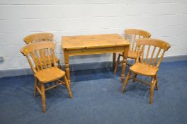 A PINE KITCHEN TABLE width 107cm x depth 61cm x height 77cm and four beech kitchen chairs (5)