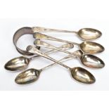 SIX SILVER TEASPOONS AND A NAPKIN RING, a set of six old English pattern teaspoons, each engraved