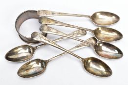 SIX SILVER TEASPOONS AND A NAPKIN RING, a set of six old English pattern teaspoons, each engraved