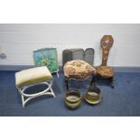 A POKERWORK SPINNING CHAIR, two brass jardinières, a Victorian stool, a mid-century dressing