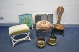 A POKERWORK SPINNING CHAIR, two brass jardinières, a Victorian stool, a mid-century dressing