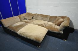 A LARGE BROWN LEATHER AND UPHOLSTERED MODULER CORNER SOFA, in five sections, length 322cm x depth
