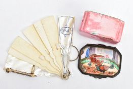 A BILSTON ENAMEL BOX AND A VICTORIAN DANCE CARD FAN, the box featuring a painted cock fighting scene