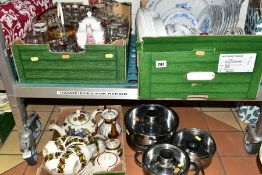 THREE BOXES OF CERAMICS AND GLASS ETC, to include Queen Anne 8543 pattern tea wares, unbranded
