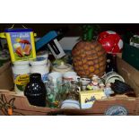 TWO BOXES AND LOOSE ADVERTISING CERAMICS AND GLASSWARES INCLUDING COCA-COLA AND A PICNIC SET, to