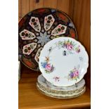 A LARGE LYNTON PORCELAIN HAMILTON IMARI BOWL AND SIX LYNTON DERBY ROSE TEA PLATES, comprising a