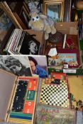 THREE BOXES AND LOOSE VINTAGE GAMES, LP RECORDS AND PICTURES ETC, to include LPs by The Walker