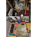 THREE BOXES AND LOOSE VINTAGE GAMES, LP RECORDS AND PICTURES ETC, to include LPs by The Walker