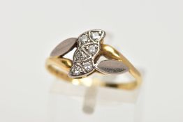 AN 18CT GOLD DIAMOND RING, designed with six milgrain set, single cut diamonds, bifurcated leaf