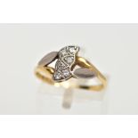 AN 18CT GOLD DIAMOND RING, designed with six milgrain set, single cut diamonds, bifurcated leaf