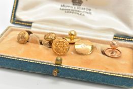 SIX EARLY 20TH CENTURY DRESS STUDS, to include one 15ct gold pair with engraved floral and scrolling