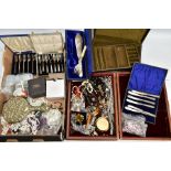 A BOX OF ASSORTED ITEMS, to include a wooden box with contents of costume jewellery pieces,