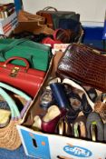 TWO BOXES AND LOOSE VINTAGE HANDBAGS AND SHOES, to include approximately sixteen handbags, labels