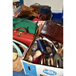 TWO BOXES AND LOOSE VINTAGE HANDBAGS AND SHOES, to include approximately sixteen handbags, labels