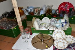 FIVE BOXES AND LOOSE CERAMIC TEAWARES, GLASS AND COOKWARES, to include a cut crystal ships decanter,