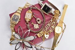 A SELECTION OF JEWELLERY AND WATCHES, to include two ladies 'Accurist' quartz wristwatches, a lady's