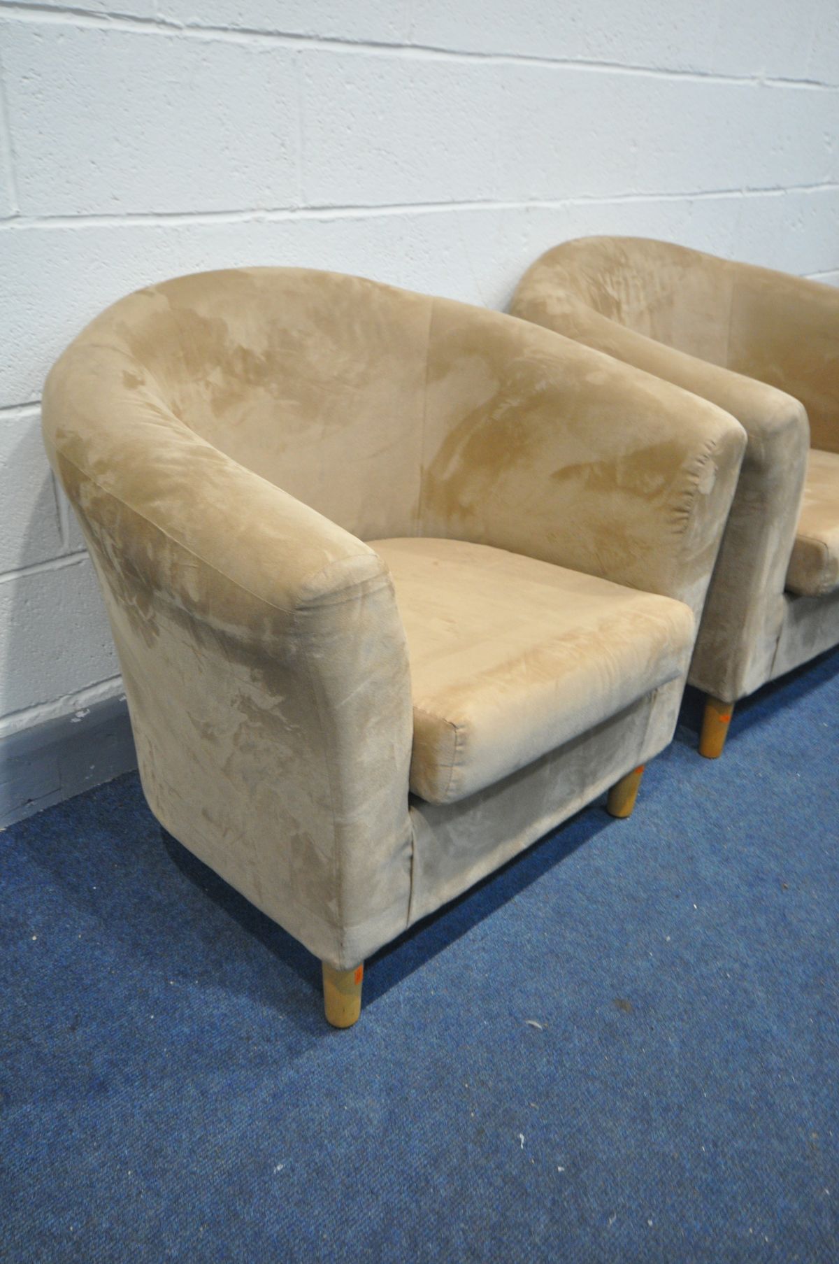 A PAIR LIGHT BROWN SUEDE UPHOLSTERED TUB CHAIRS - Image 2 of 2