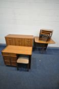 A TEAK FINISH GATE LEG TABLE, a teak effect three door sideboard, a teak nest of three tables, a